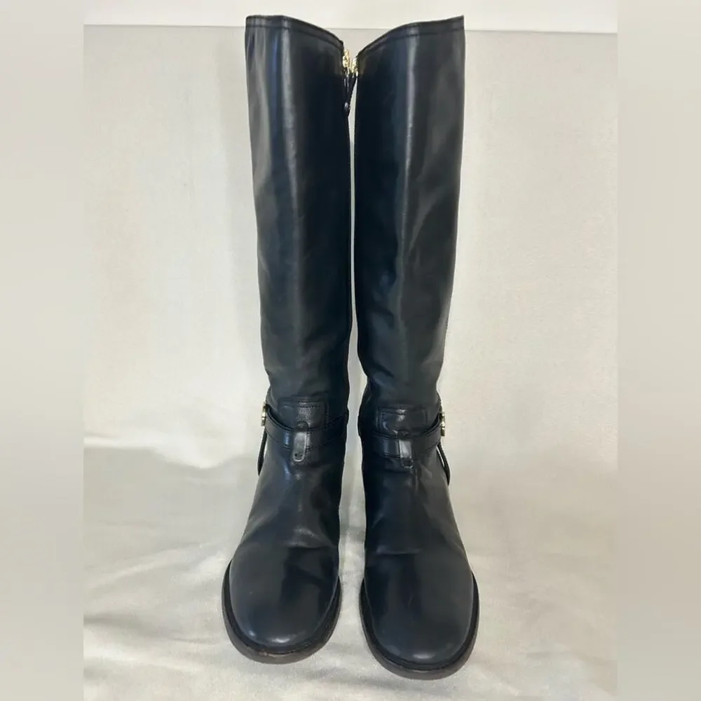 Tory Burch Black Leather Knee-High Riding Boots Brazil Gold toneLogo Accent 9.5